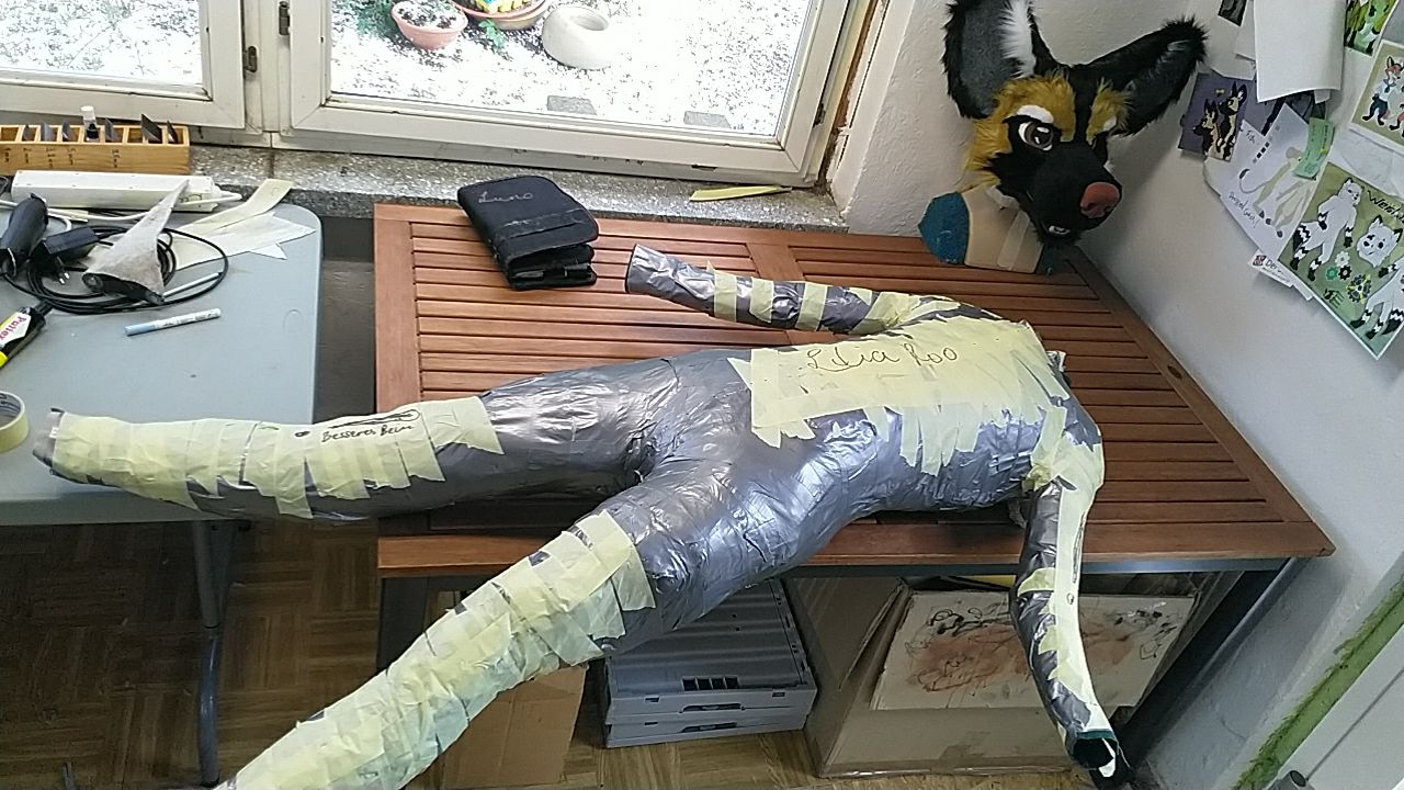The duct tape dummy for Lilia on a bench