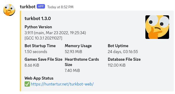 The output of the stats command for turkbot